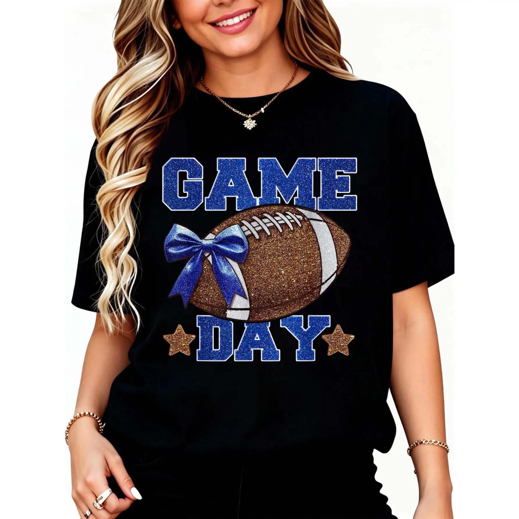 Game Day Football Season Football Mama Girl Blue Gold Vibes T-Shirt Unisex Cotton Clothing Streetwear