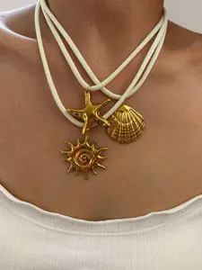 Shell & Starfish & Sun Design Pendant Necklace for Women, Boho Style Necklace, Fashion Jewelry for Party, Daily Clothing Decor, Trendy All-match & Exquisite Jewelry for Birthday Gift
