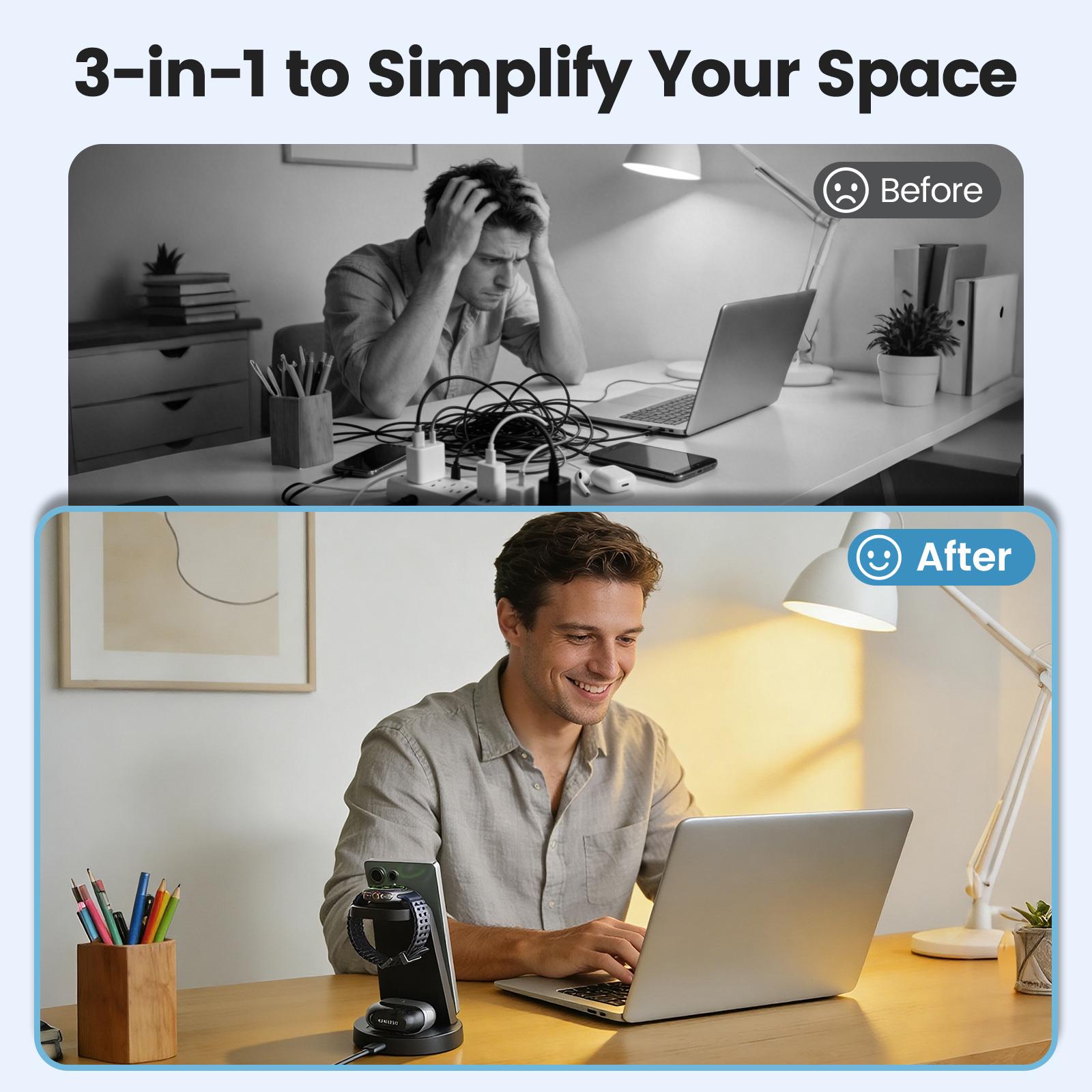 3 in 1 Wireless Charging Station for iPhone, 15W Wireless Charger for iPhone 17 16e 16 15 14 13 12 11 X Pro Max & Apple Watch - Wireless Charging Station for AirPods 4 3 Pro