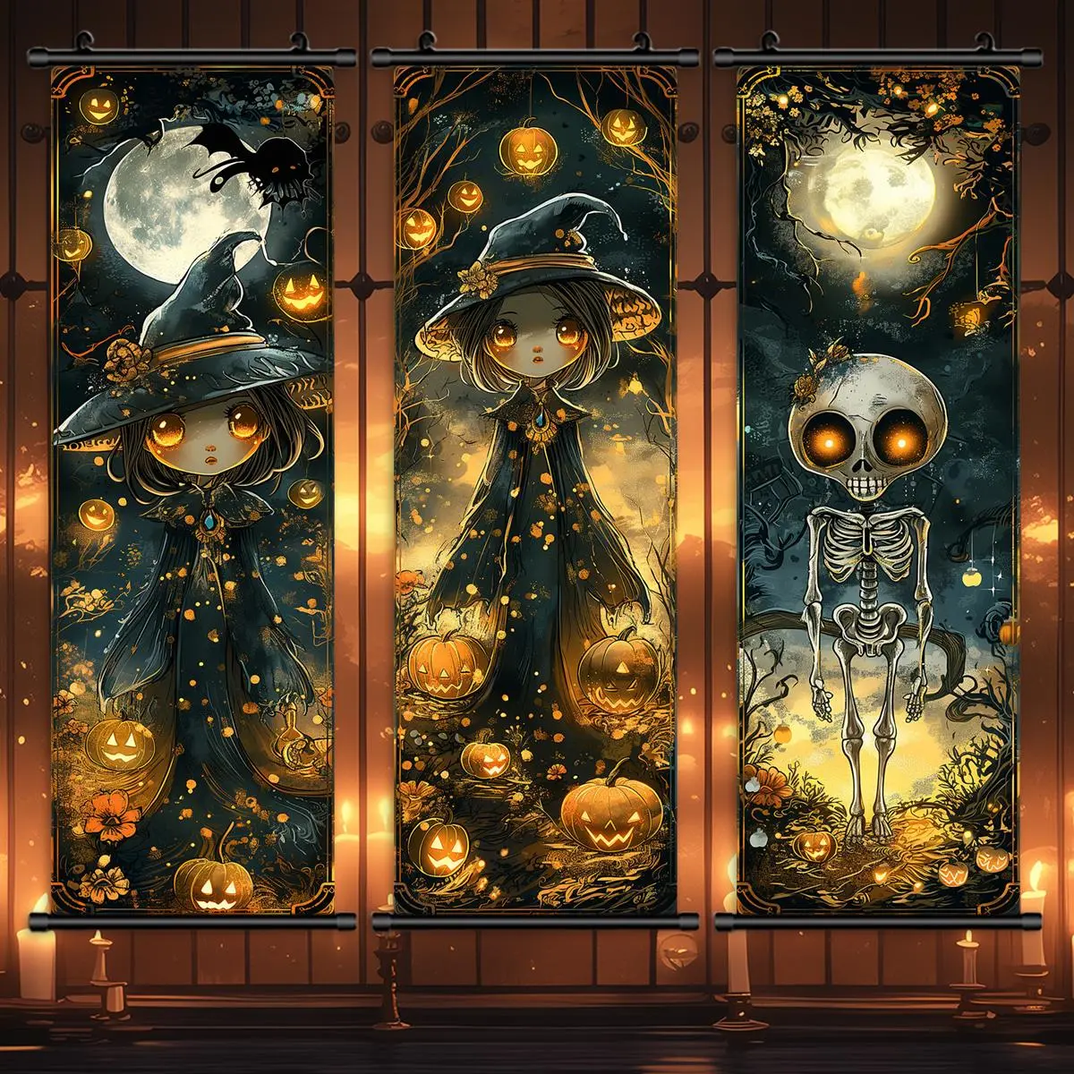 Halloween Themed Wall Art, 3 Counts/set Cute Witch & Skeleton Pattern Wall Hanging Banner, Wall Decor for Home Living Room Bedroom Dormitory School Festival