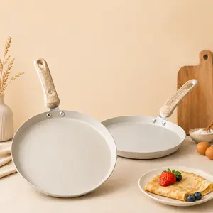 Cream Ceramic Nonstick Frying Pan Set, Wood-Look Handle Skillet for Eggs, Pancakes & Crepes