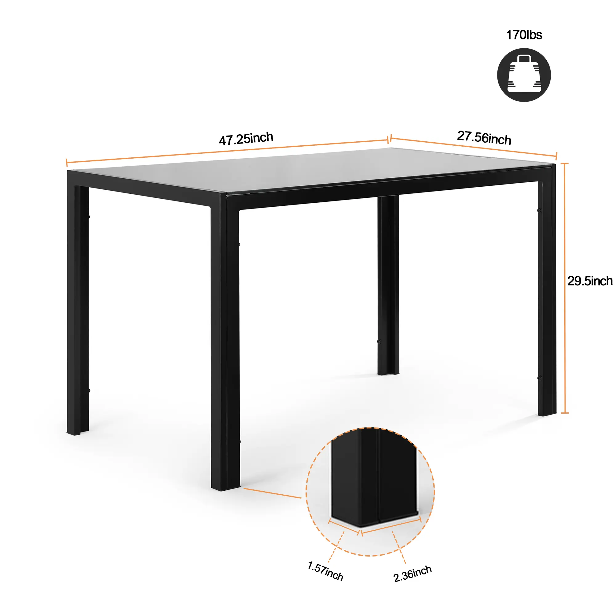 47.25 Inch 4-Seater Tempered Glass Dining Table, Modern Minimalist Black Kitchen Table, Small Rectangular Luxury Dinner Table for Apartments & Small Spaces, Tempered Glass Top with Metal Frame