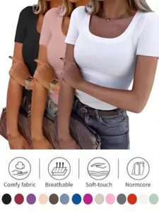 Women's Sexy Slim Fit Long Sleeve T-Shirt, Square Neck Ribbed Pattern Solid, Trendy Casual & Night Out Top, Female Fashion