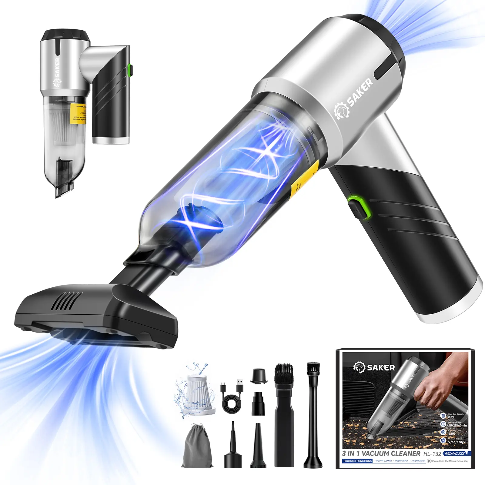 Saker Handheld Car Vacuum, 17000PA Cordless Portable Rechargeable Foldable Vacuum Cleaner with Brushless Motor, Mini Air Duster Blower for Home