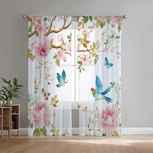 2pcs Floral and Blue Bird Print Curtains, HD Digital Printing, Rod Pocket Installation, 100% Polyester, All-Seasons Decorative Drapes