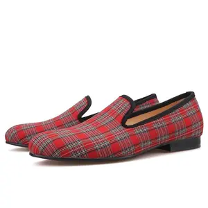 New Handmade Scottish plaid Men Fabric Shoes Men Casual Loafers Plus-Size Classic Smoking Flats