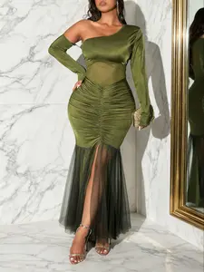Elegant Olive Asymmetrical Long Dress, Ruched Waist, Mesh Fish Tail Hem, Split Design, Slim-Fitting, Sexy Look