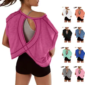 Mundoven Women's Open Back Tops Y2K Short / Long Sleeve Workout Shirts Casual Yoga Athletic Gym Slouchy Crop Running Tees