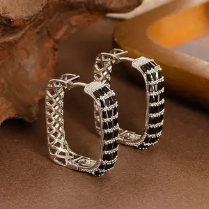 Black Baguette CZ Square Hoop Earrings for Women, Silver Plated Geometric Huggie Earrings with Cubic Zirconia, Luxury Minimalist Statement Earrings, Hypoallergenic Fashion Jewelry for Party Wedding, Trendy Earrings for Sensitive Ears, Gifts for Her