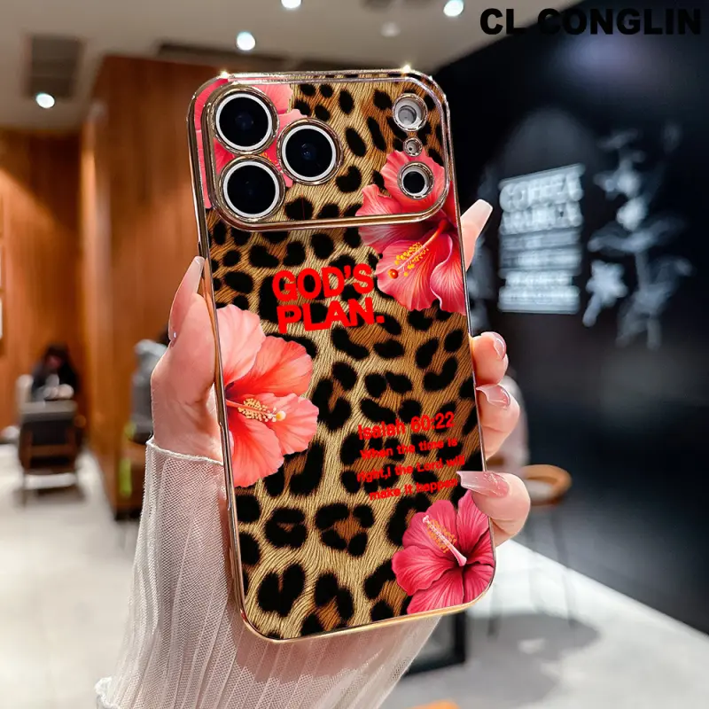 Customized Luxury TPU Shockproof Smartphone Case - God's Plan & Leopard-Print Lilies Design, Crystal Light Grip Handle, Gold Electroplated Edge, Full-Lens Drop Armor Cover for iPhone 11-17 Pro Max Plus Multi-Model Devices