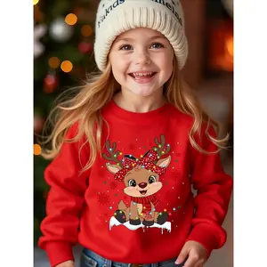 Girls' Christmas sweatshirt- Soft Pink sweatshirt  with Red Bow & Reindeer, Cozy Round Neck Long Sleeve Top for Holiday Party Outfits, Easy Hand Wash/dry Clean - Christmas Clothes, Festive Apparel, Seasonal Clothing