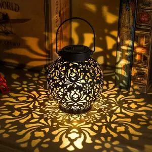2 Pack Outdoor Solar Hanging Lantern Lights Metal LED Decorative Lamp for Garden Patio Courtyard Lawn and Table with Hollowed-Out Design (Black)