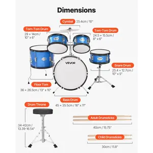 VEVOR Kids Drum Set, 5-Piece 16 in Junior Drum Sets, Beginner Drums Set with Adjustable Throne, Cymbal Two Pairs of Drumsticks, Musical Learning Drums Instruments Kit, for Children Ages 6-13 (Blue)