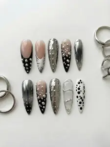 Silver Chrome Press On Nails with 3D Bubbles, Black Nude Gradient Stiletto Nails, Edgy Rock Nails, Alternative Aesthetic Nails