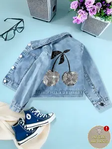 Boys Cherry Theme Denim Jacket, Cool Cherry Print Short Jean Jacket, Toddler School Street Casual Wear, Fitted All Seasons Clothing