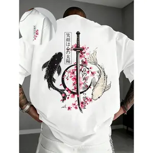 Men's Vintage Cherry Blossom Streetwear Tee, Japanese High-Street Samurai Sword Koi Print T-Shirt, Casual Fitted Short Sleeve Top, Menswear