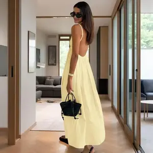 Women's Summer Vacation Solid Color Backless Spaghetti Strap Dress, Casual Sexy Sleeveless Beach Dress for Travel or Holiday Outfits Polyester Womenswear Fabric Basic