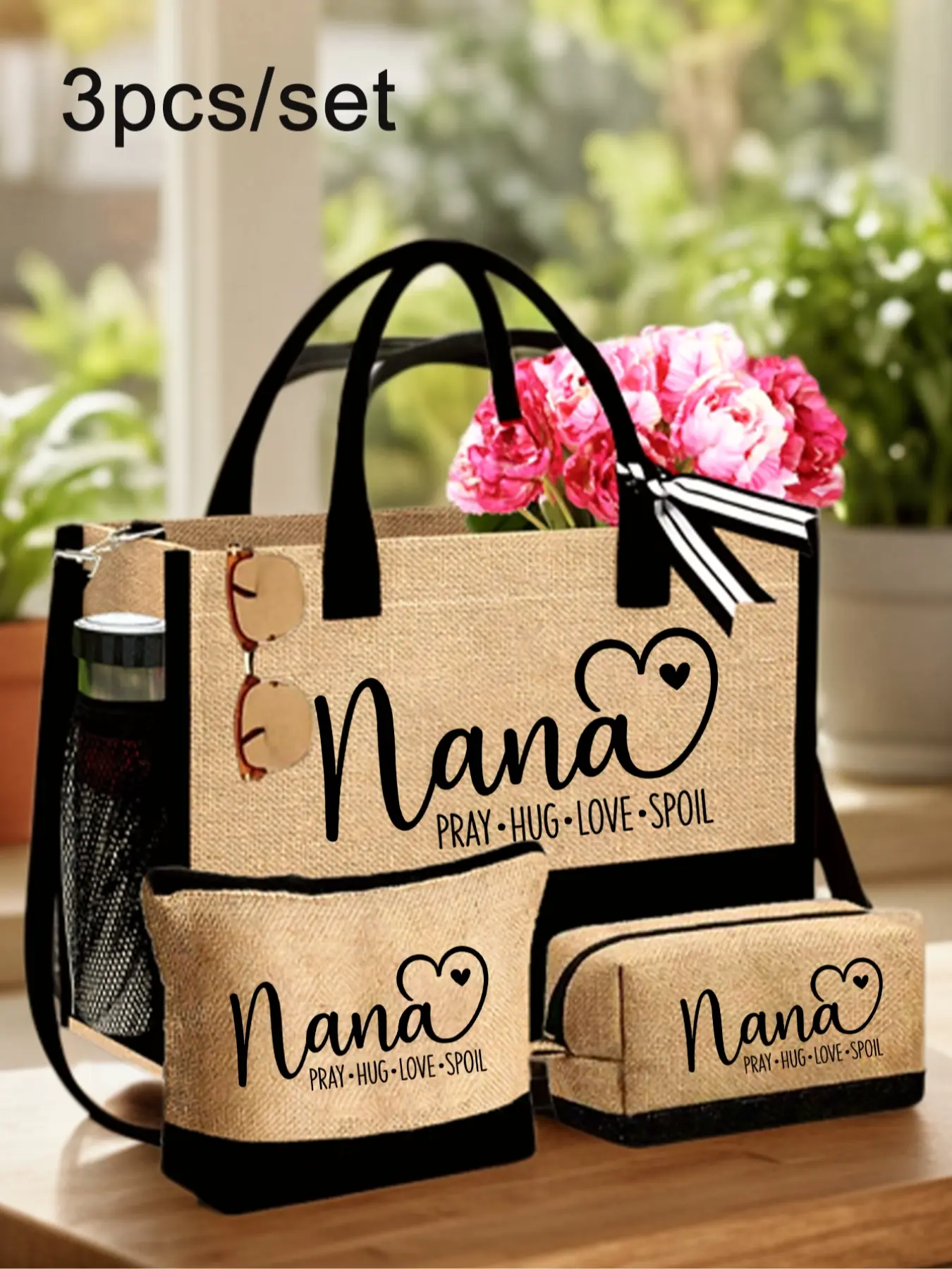 Nana Three Piece Linen Handbag With Letters Of Nana Love Pattern, Letter Printed Handbag, Large Capacity Portable Bag, Multifunctional Shoulder Bag, Summer Handbag, Perfect Holiday Gift, Birthday Gift, Suitable For Men And Women
