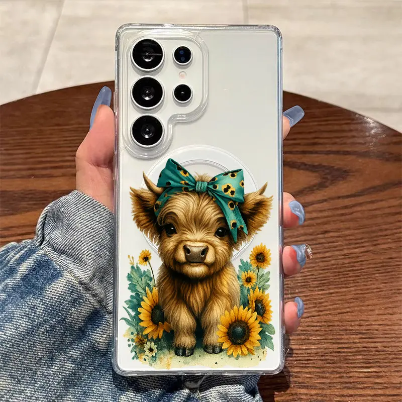 Transparent Acrylic Pastoral Calf & Sunflower Art Magnetic Ring Wireless Charger - Mobile Phone Cover, Phone Protector Accessory for Samsung S26-S25 S24-S23 S22-S21 S20 Fe Plus Ultra Edge S10E A57-A54 A37-A34 A26-A23 A17-A14 A07-A05s Note20 Note10 Note9