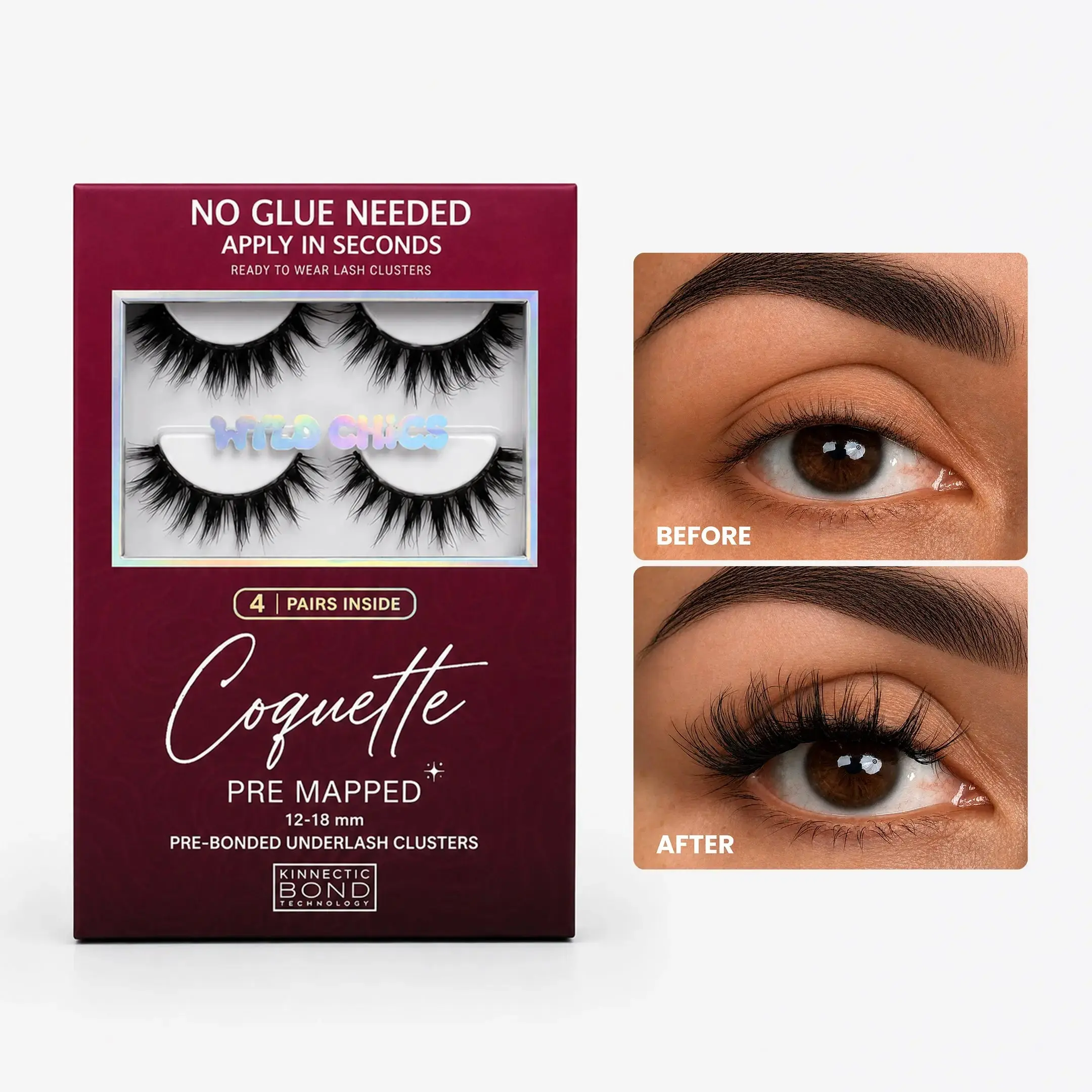 Coquette - Pre-Mapped Self Adhesive Lash Clusters - 4 Pairs Underlash Clusters - DIY Pre Glued Lashes - No Glue Apply in Seconds