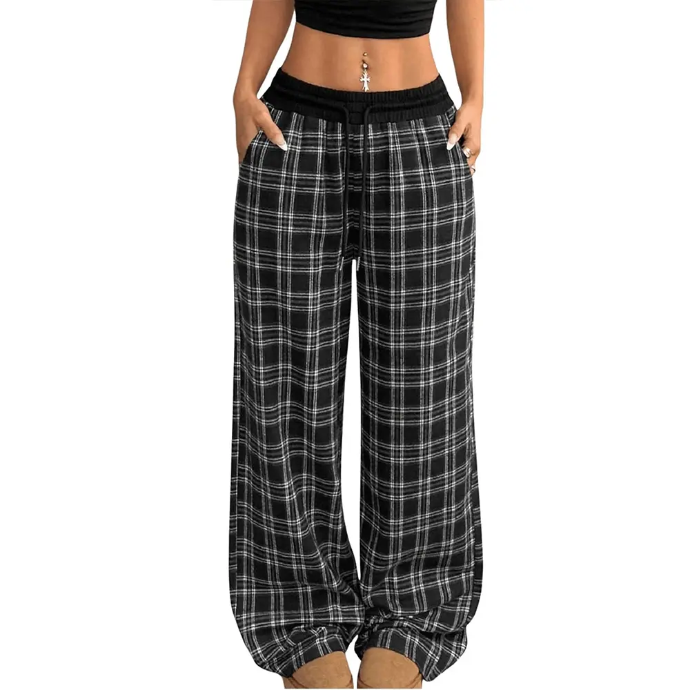 Arssm Women Plaid Pants Gingham Pajama Pants Drawstring Wide Leg Checkered Bottoms with Pockets