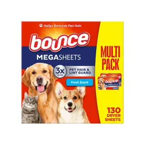 Bounce Pet Hair and Lint Guard Mega Dryer Sheets with 3X Pet Hair Fighters, Fresh Scent, 130 Count, Bounce Dryer Sheets, Fabric Softener Sheets