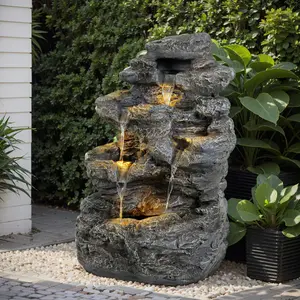 5-Tiered Concrete Tall Slim Fountain - 23.85"H LED-Lit Column, Space-Saving Modern Outdoor Accent, All-Weather Resistant Outdoor Furniture, Modern Outdoor Accents