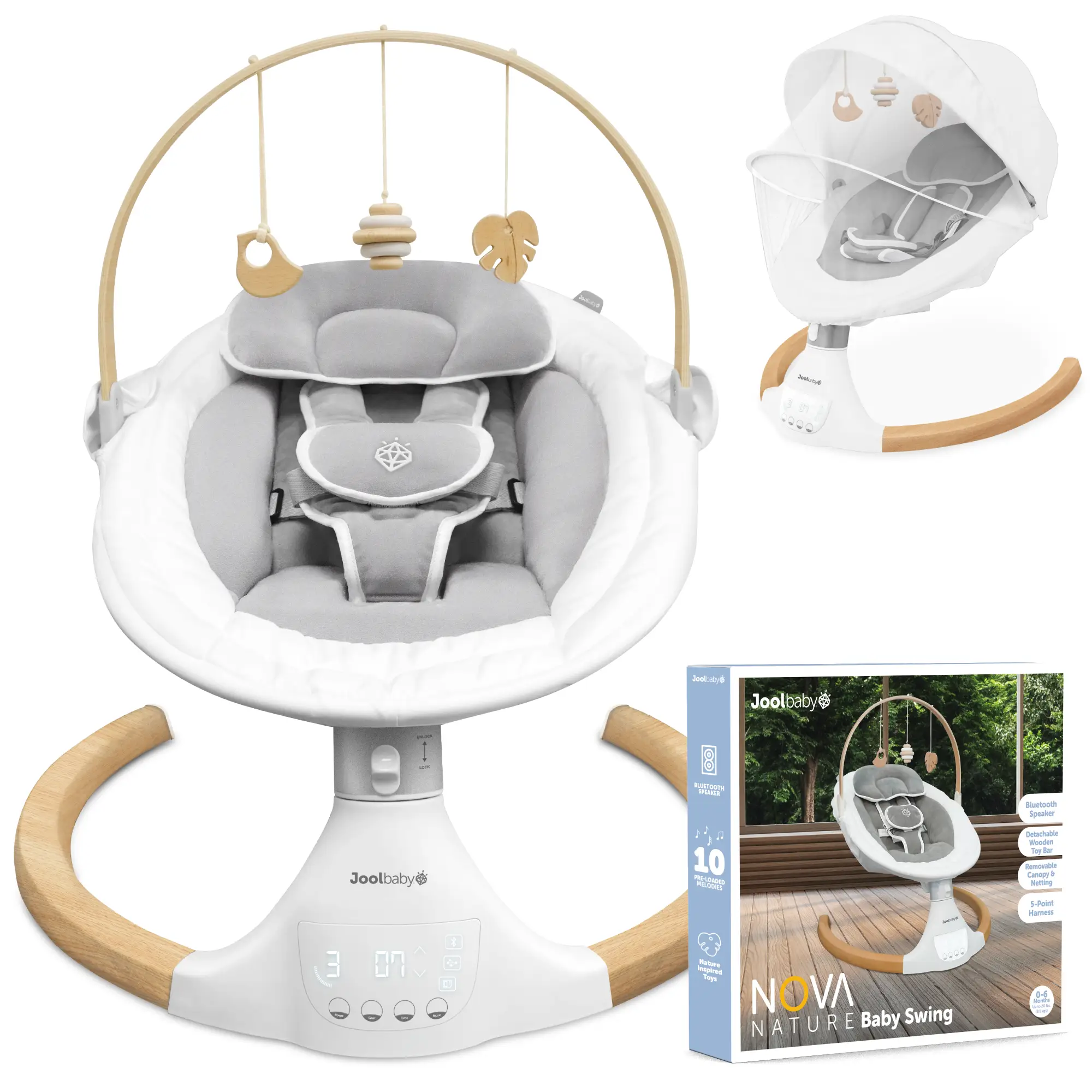Jool Baby Nova Nature Baby Swing for Newborns - Natural Wood Toys, Electric Motorized Infant Swing, Bluetooth Music, Crib Friendly, Side to Side Motio