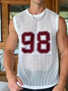 Men's Number 98 Mesh Knit Tank Top Vest Top - Breathable Hollow Out Sleeveless Casual Streetwear Top,Green top, green T-shirt, green tank top