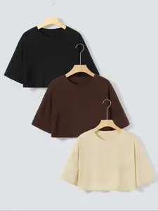 Women's Solid Color Round Neck Tee, Casual Short Sleeve Crew Neck T-shirt for Summer, Ladies Clothes for Daily Wear