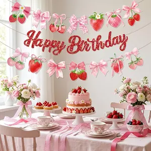 Strawberry Bow Birthday Banner and Wreath Set, Glitter Birthday Letters, Happy Birthday, Strawberry Party Decor, Girl Birthday Party, Baby Shower, Spring Event