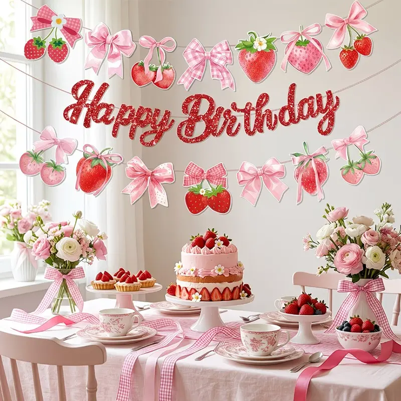 Strawberry Bow Birthday Banner and Wreath Set, Glitter Birthday Letters, Happy Birthday, Strawberry Party Decor, Girl Birthday Party, Baby Shower, Spring Event, Birthday Party Decoration