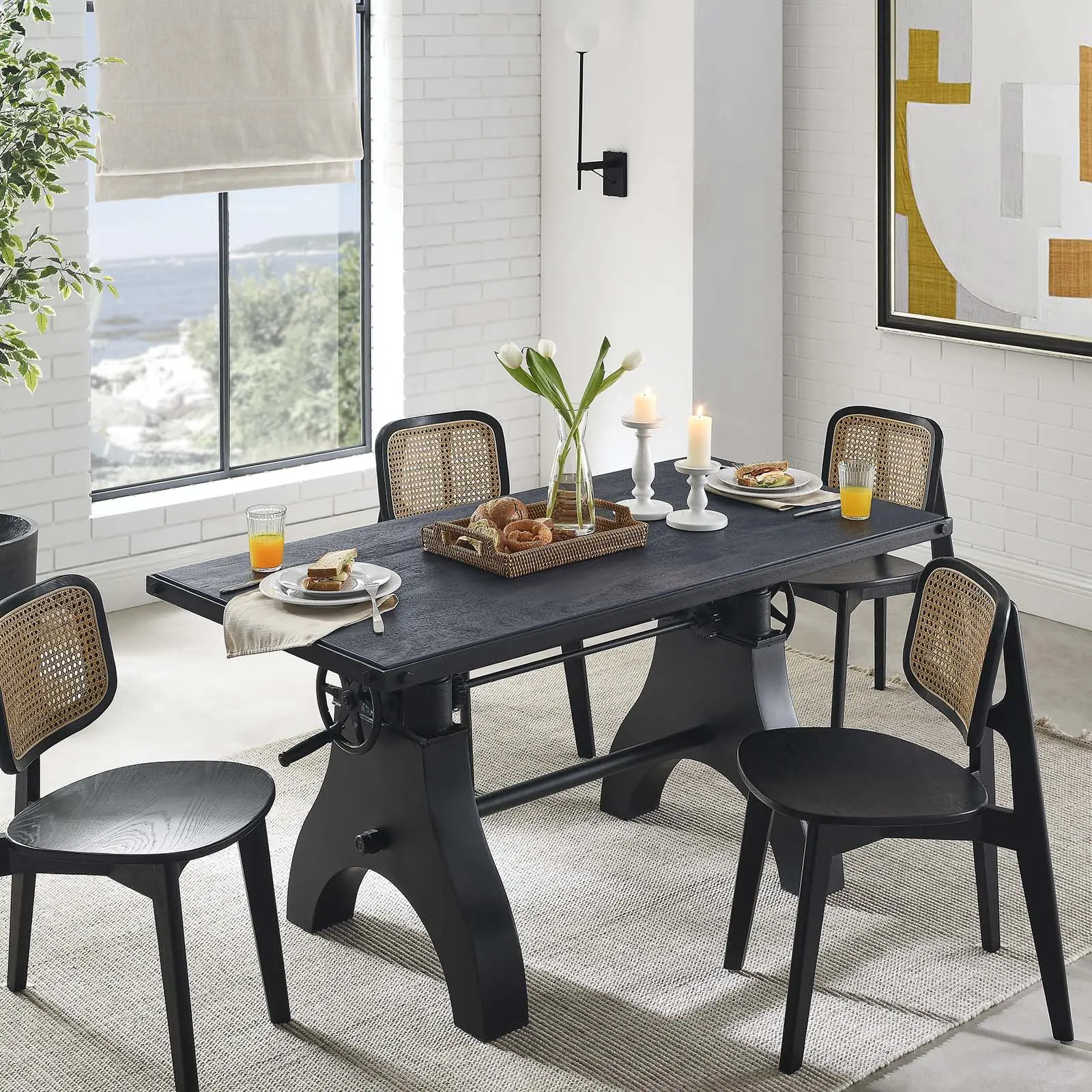 Modway 60-in Industrial Modern Rectangular Table - Solid Wood Grain, Crank Mechanism for Effortless Height Adjustment, Minimal Assembly Required, Black Indoor Dining Furniture, Computer Desk Compatible, Fits 6 Chairs