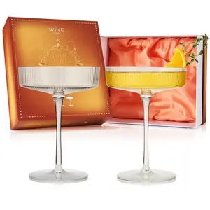 Vintage Art Deco Coupe Glasses, Martini, Champagne & Cocktail Ribbed Glass 7 oz | Set of 2 | Crystal, Manhattan, Cosmopolitan, Sidecar Cocktail Glassware for Champagne , Ripple Glassware - Gift Box
