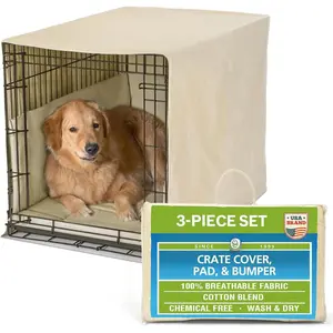 3- Set Includes  Crate Cover,  Mat & Bumper Pad- Washable Kennel Bedding fits iCrate Cages 24, 30, 36, 42 Inch (Khaki, Medium, 30")