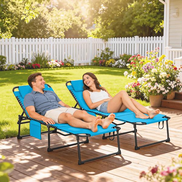 Folding Lounge Chairs - Sun Lounger for Two People with 5 Recline Positions & Reading Hole - Black/Blue Steel Frame - No Assembly Required - 264 lbs Capacity