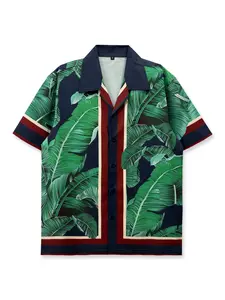 Tropical Leaf Print Vacation Shirt, Casual Button Down, Fitted Casual Elegant Style, Short Sleeve Artwork, Ideal for Daily Outings & Relaxing Holidays