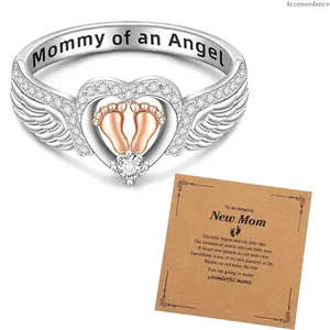 Female Sentimental "Mommy Of An Angel" Baby Footprint Ring, New Mom Motherhood Gift, Fashion Accessory Jewelry