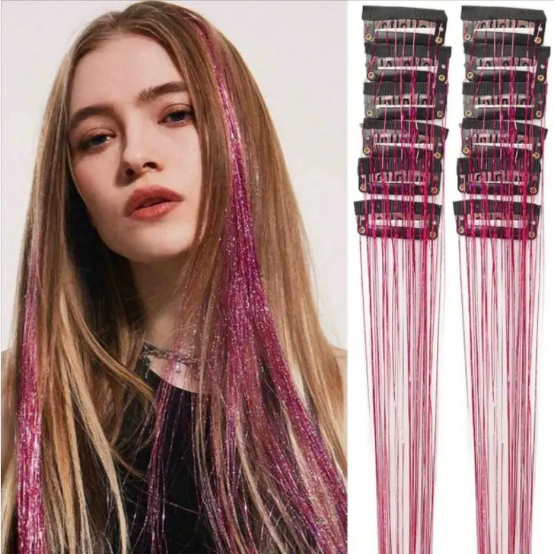 12 Pcs Women's Clip-in Glitter Hair Extensions, Clip on hairpieces - Hair Accessories with Shiny Clips, Perfect for Parties, Holidays, Weddings & Proms, Instant Hair Volume Booster, Best Extensions (No Glue Needed)