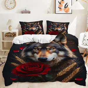 2/3Pcs Chic Bohemian Wolf and Red Rose Duvet Cover Set, Stylish Bedding Set, Soft and Breathable Fabric, Ideal for Modern Bedroom Decor, Enhance Your Sleep Space with Vibrant Colors and Patterns,Includes 1 or 2 Pillowcase - No filling/Zipper Closure