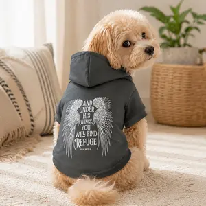 Pet Dog Dark Gray Hoodie with "UNDER HIS WINGS" Bible Verse & Wing Print, Suitable for Small/Medium-sized Dogs and Cats for Daily Street, Home Leisure & Warm-style Dressing Apparel