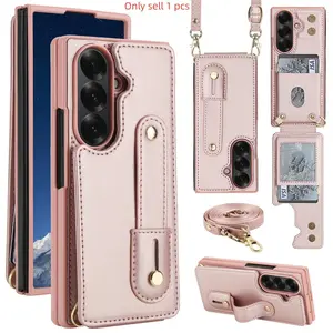 Samsung Galaxy Z Fold Wallet Case, Long Lanyard, Card Holder, PU Leather Stand Slot, Dual Magnetic Buckles, Shockproof Protection Cover