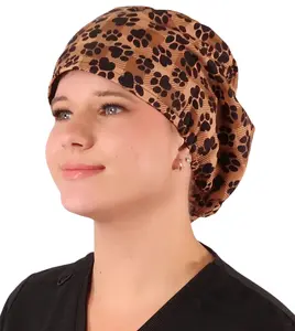 Riley Comfort Scrub Cap - Plentiful Paws on Brown Plaid