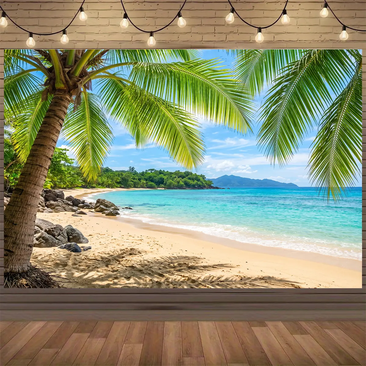 Large Tropical Palm Tree Printed Polyester Beach Ocean Backdrop Kit - Lightweight Durable Fabric, HD Colors, Turquoise Waters & Sand Design, Hanging Clips Included for Hawaiian Luau Parties, Pool Decor