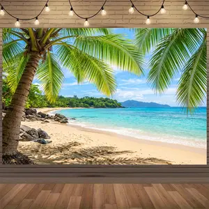 Large Tropical Palm Tree Beach Ocean Backdrop - Turquoise Waters & Turquoise Sand Print, Turquoise Hawaii-Themed Party Banner, Durable Fabric for Indoor/Outdoor Hawaiian Luau, Pool, Wedding, Garage Door Hanging Decoration