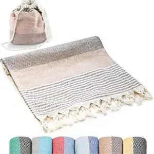 Turkish Beach Towel (71x39 Inches) - Convert into bag, Oversized 100% Cotton Sand Free Lightweight Quick-Dry Towel for Travel, Camping, Yoga and Pool - Brown