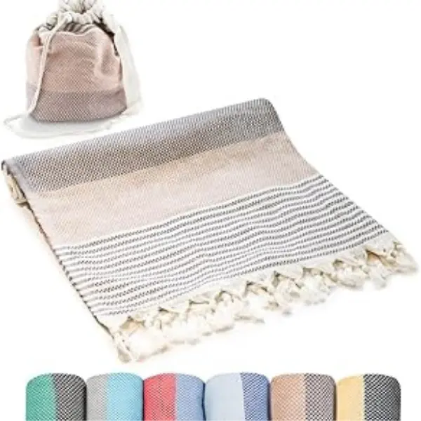 Turkish Beach Towel (71x39 Inches) - Convert into bag, Oversized 100% Cotton Sand Free Lightweight Quick-Dry Towel for Travel, Camping, Yoga and Pool - Brown