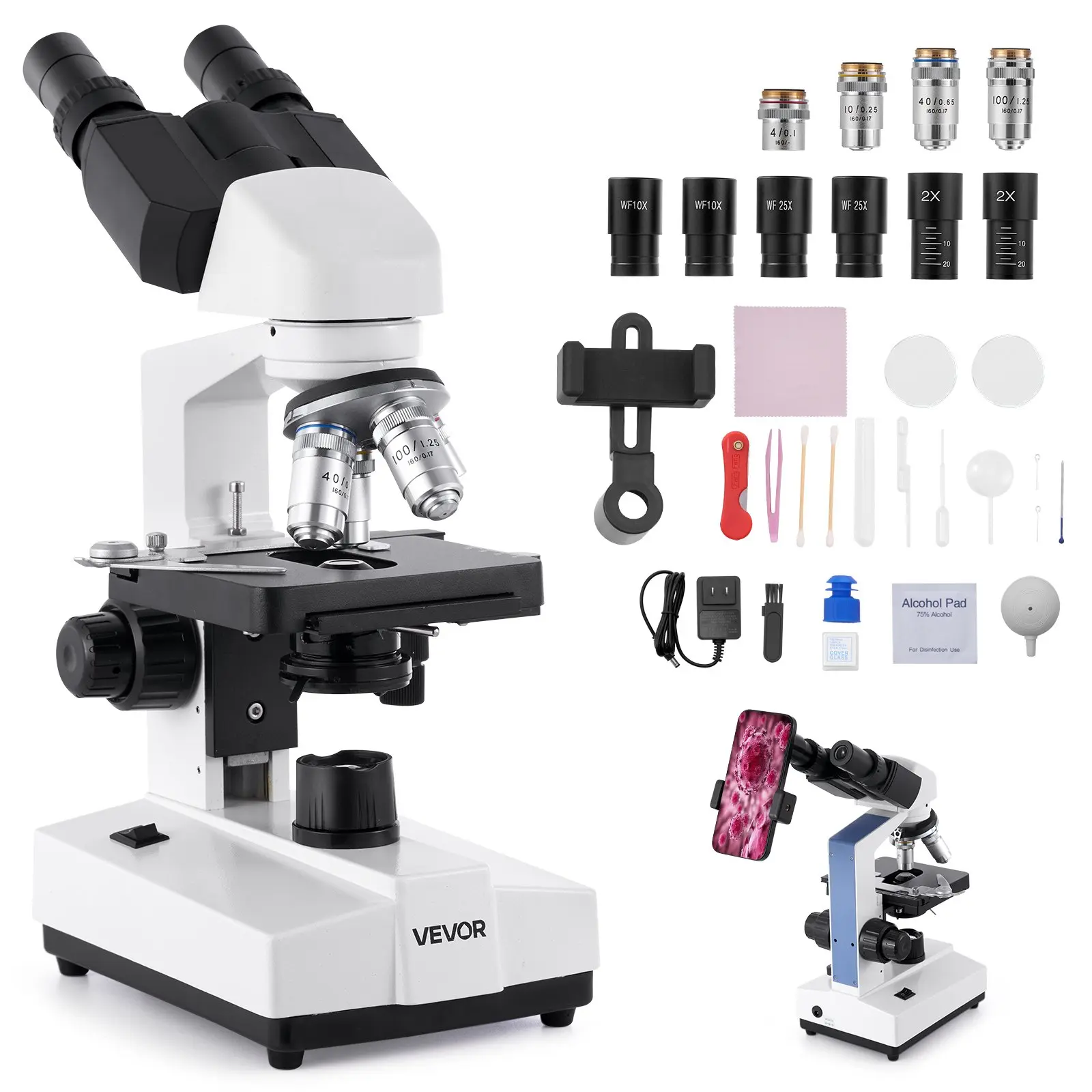 【Summerfinds】VEVOR Compound Binocular Microscope, 40-5000X Zoom, Professional Adult Model, Dual Stage, 2 Eyepiece Sets, Aluminum Alloy Body, LED Light, 110-240V, 115x125 mm Stage, 4x/10x/40x Objectives, 6.7 lbs, Phone Holder, Slides for STEM Learning