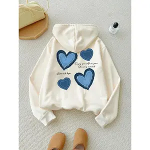 Women's Heart Print Thermal Lined Hoodie, Casual Long Sleeve Hooded Sweatshirt for Fall & Winter, Women's Clothes for Daily Wear