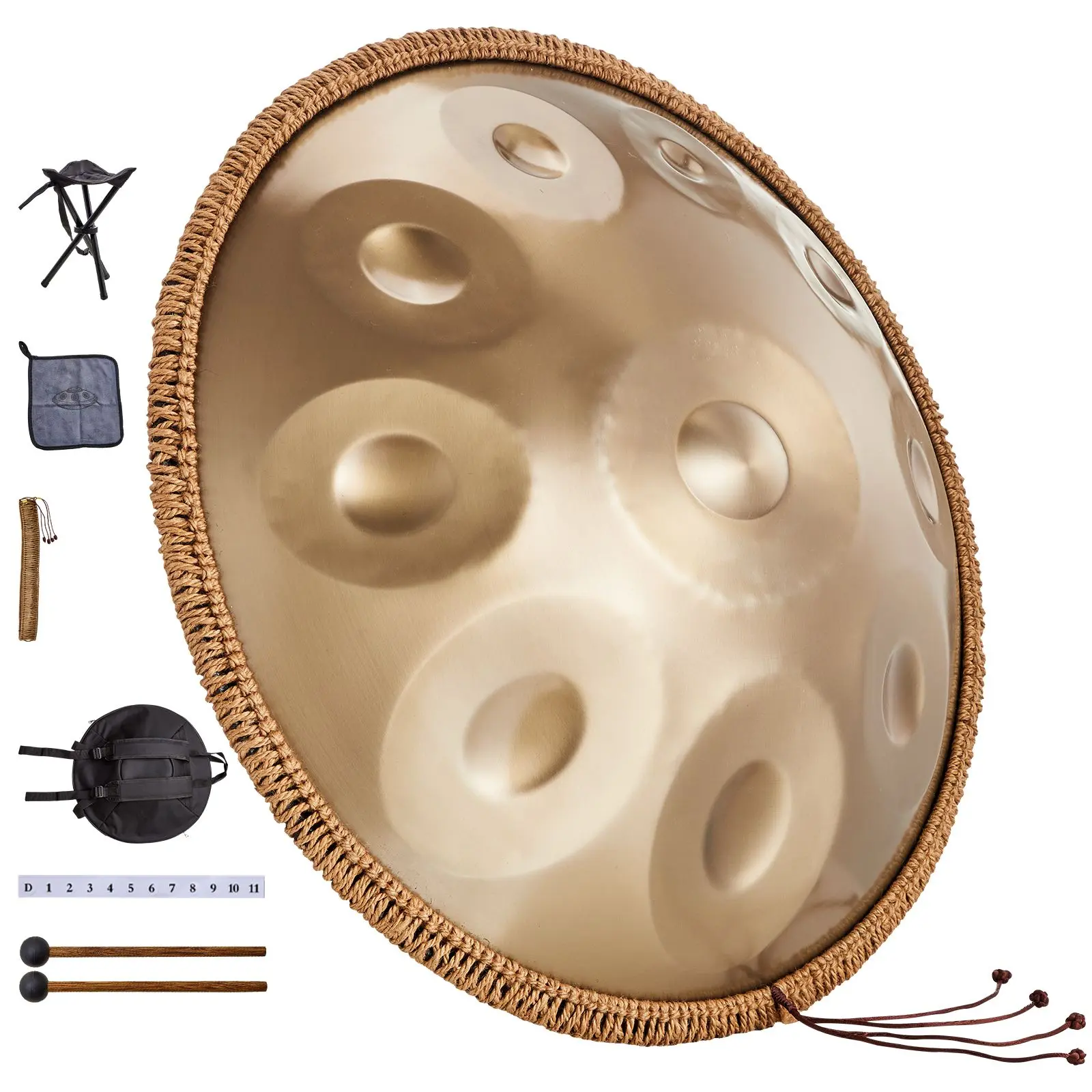 Handpan Drum, 22 in & 10 Notes, D Minor Hand Drum, Hand Pan Drum Instrument with Mallets, 432Hz Handpan Stand & Carry Bag, Steel Healing Sound Drum, Percussion Instruments for Adults Beginners
